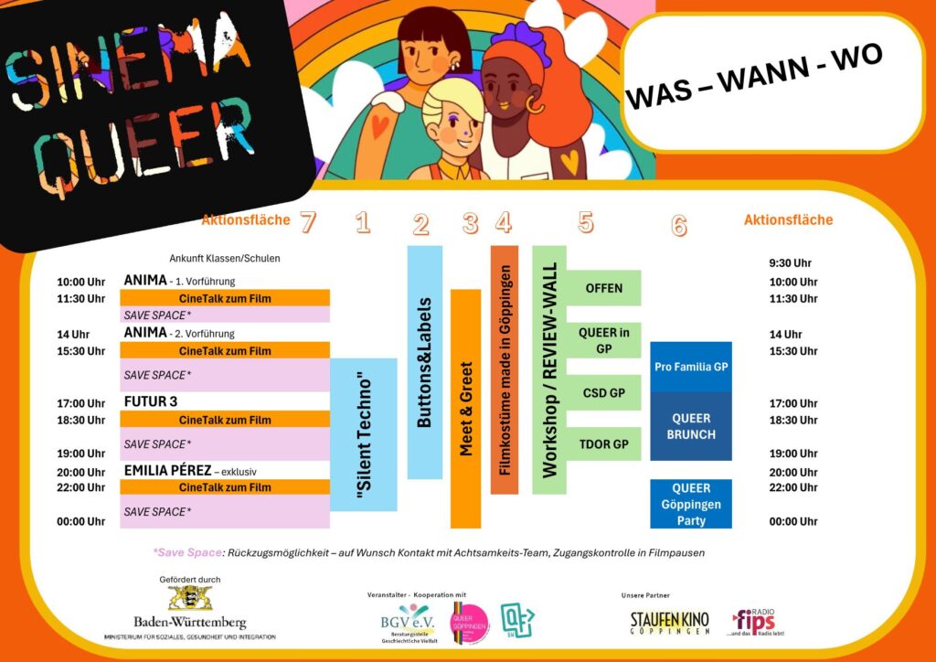 Zeit- und Raumplan für SinemaQUEER 2024 am 15.11.2024